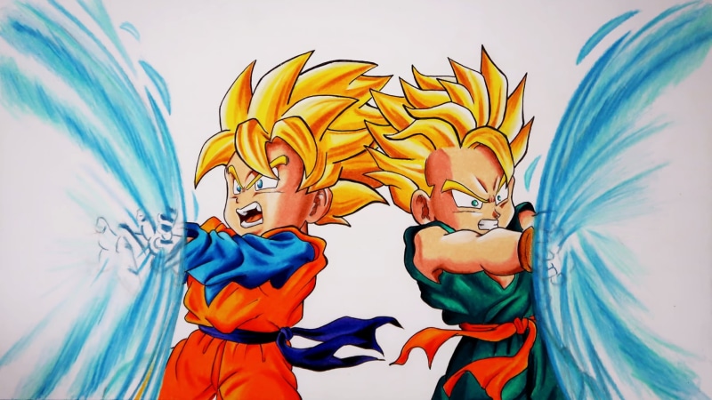 art and craft, day, creativity, dancing, 1080P, Kamehameha, wall - building feature, blue, people, orange color, paint, nature, Dragon Ball Z, sky, textile