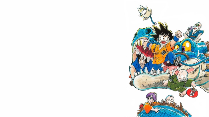 Kid Goku, Bulma, simple background, Krillin, Bulma Briefs (Dragon Ball), 1080P, artwork, Master Roshi, Young Bulma, Shenron, Son Goku, Dragon Ball, Yamcha