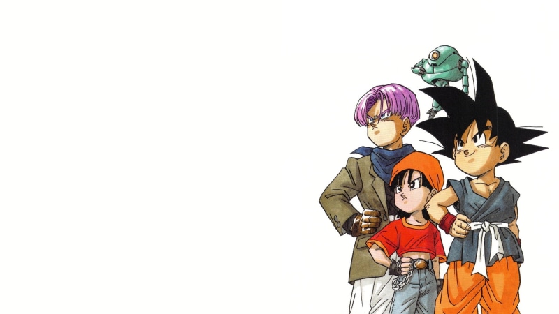 Dragon Ball GT, simple background, Pan, Kid Goku, Trunks (character), 1080P, Son Goku, trunks, artwork, Dragon Ball