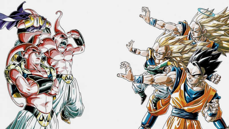 Gotenks, simple background, 1080P, Majin Buu, Son Gohan, Son Goku, Dragon Ball Z, Dragon Ball, artwork, Gohan