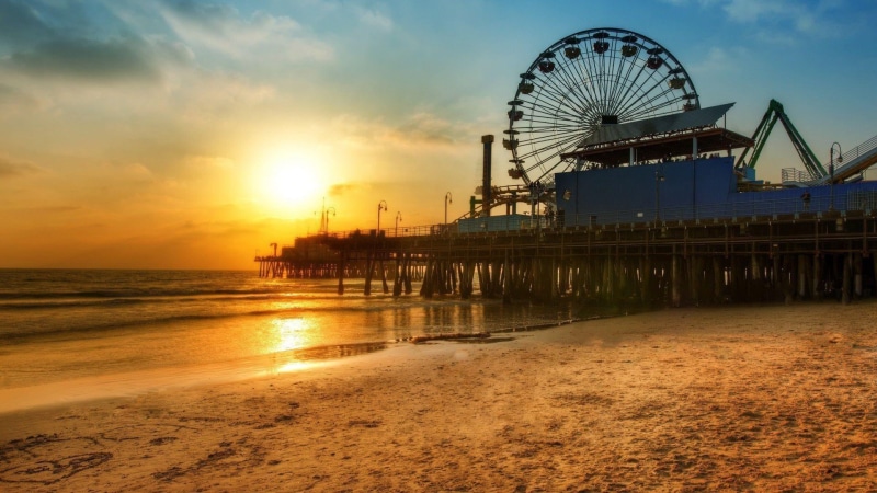 shore, amusement park, los angeles, 1080P, beach, ocean, no people, sunlight, sky, nature, amusement park ride, body of water, architecture, united states