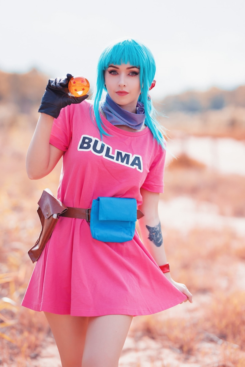 beautiful woman, cosplay, portrait, women outdoors, one person, s, ball, standing, blue hair, costume, gloves, model, adult, depth of field, dress, 1080P