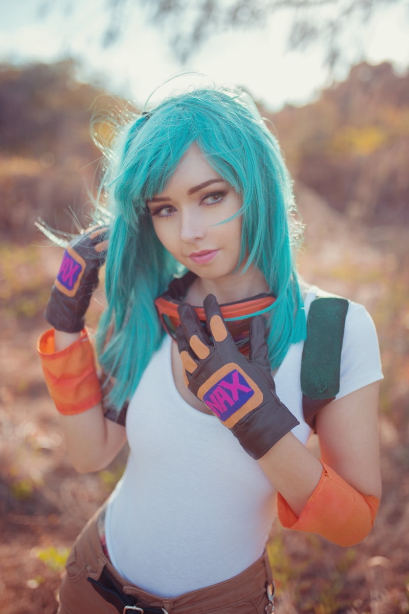human limb, hair, dyed hair, Dragon Ball, gloves, adult, standing, Bulma, 720P, blue hair, outdoors, long hair, young adult, front view, costumes, three quarter length