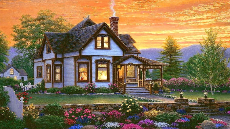 landscaping, cosy, charming, cottage, farmhouse, house, theatrical scenery, natural, nature, landscape, evening, home, country, painting art, romantic