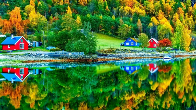 landscape, green color, day, water, scenics - nature, leaves, green, nature, beautiful, building, village, pond, charming, multi colored, autumn, rural area