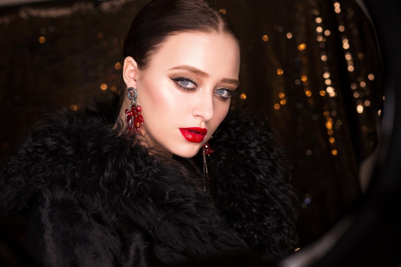 headshot, hair, young, elegant, red, evening, young adult, model, red lips, looking at camera, lipstick, fur coat, charm, elegance, people, style, fashion