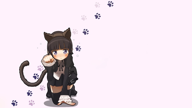 standing, costume, cat ears, girls, obscured face, copy space, simple background, males, one person, front view, indoors, studio shot, disguise, Gokou Ruri