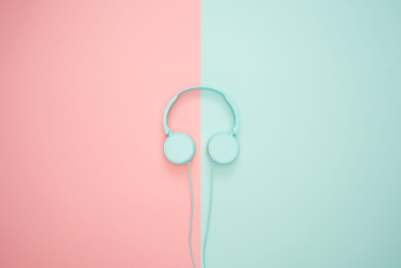 flat lay, pink, chill, creativity, directly above, indoors, pink color, positive emotion, pastel colors, music, 5K, headphones, copy space, bright, no people