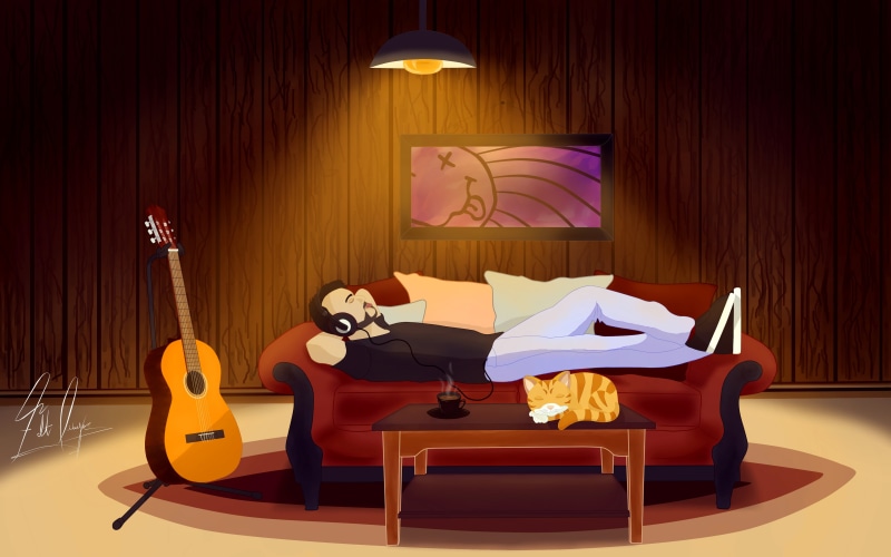 4K, music, guitar, LoFi, drawing, digital art, metalanguage, Chill Out