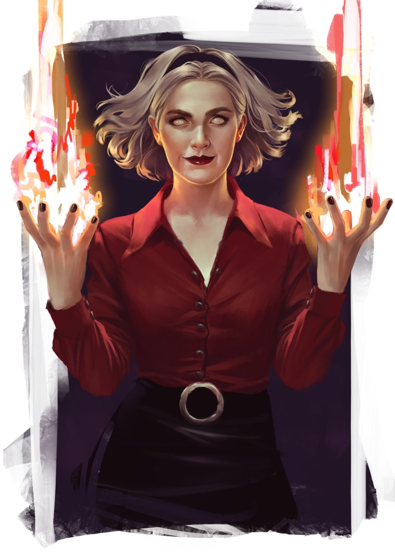 witch, digital painting, fire, digital art, Chilling Adventures of Sabrina, Kiernan Shipka, short hair, fan art, magic, portrait display, drawing, Sabrina Spellman