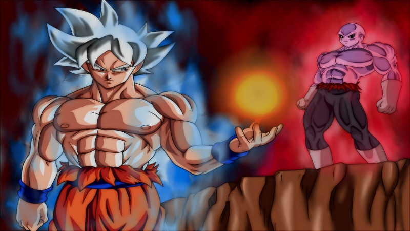 indoors, Son Goku, celebration, creativity, standing, front view, jiren, representation, male likeness, female likeness, focus on foreground, 1080P, blue