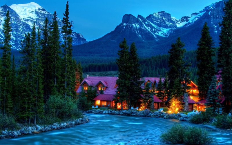 Lights, Forest, Trees, River, Night, Rocks, 2K, House, Mountains