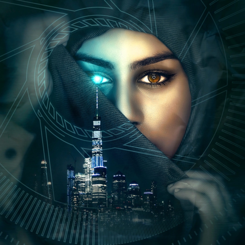 portrait, digital composite, illuminated, 2K, mysterious, young adult, light, head, laser, covering, girl, beautiful woman, light - natural phenomenon