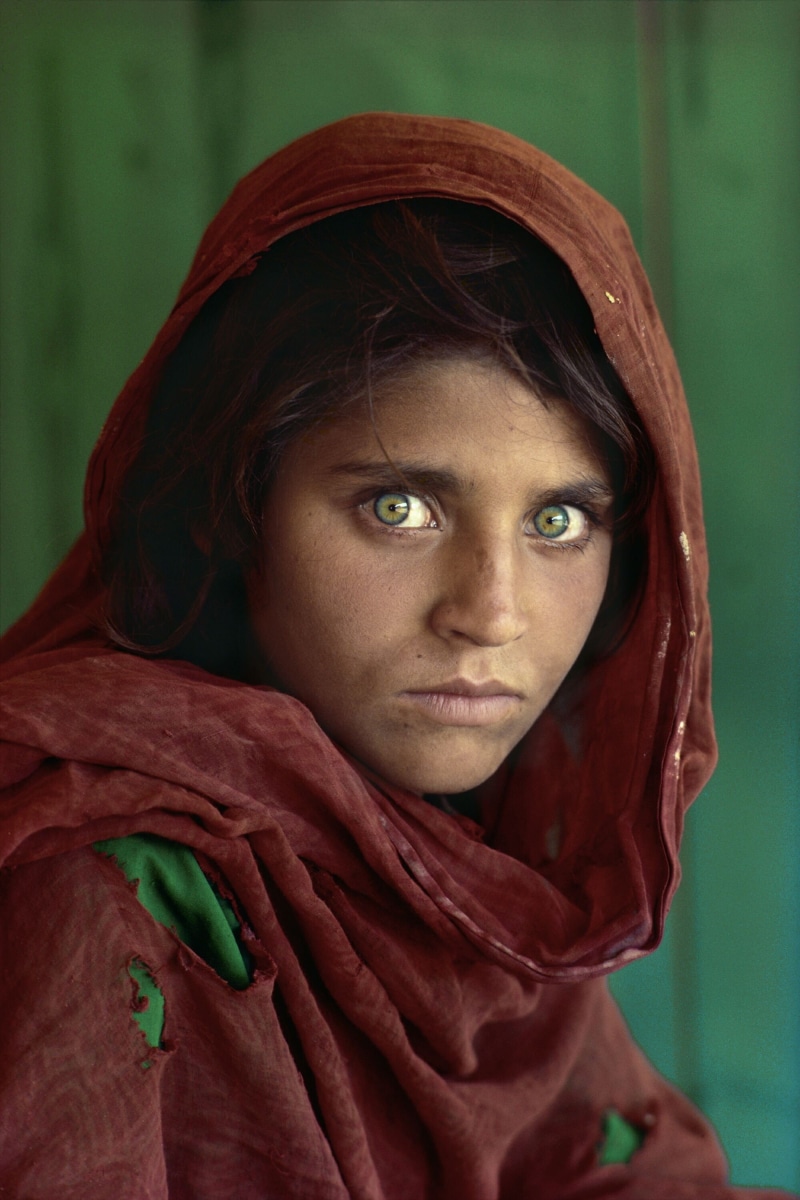hairstyle, Afghan Girl, contemplation, young adult, beautiful woman, headscarf, child, artwork, human body part, dress, Steve McCurry, looking at camera