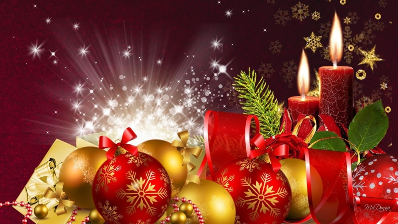 ribbon, snowflakes, shine, stars, gold, christmas, bright, balls, red, 1080P, decorations, candle, feliz navidad