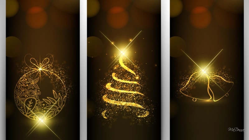 1080P, golden, new years, feliz navidad, decorations, christmas, 3d and abstra, illustration, tree, stars, bells, xmas, gold, bright, three