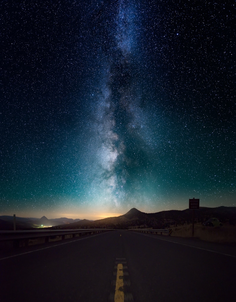 nature, light - Natural Phenomenon, asphalt, mountain, the way forward, space, blue, night, infinity, road, milky Way, scenics, street, illuminated, desert