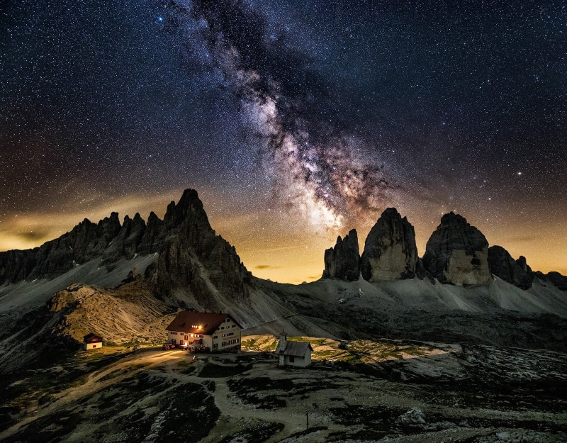 environment, galaxy, astronomy, winter, cabin, mountains, building, star - space, mountain peak, architecture, cold temperature, Italy, scenics - nature