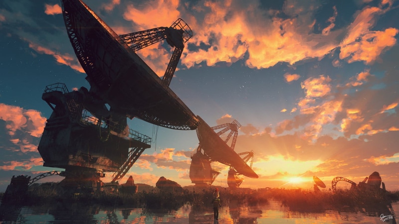 transportation, satelites, Yuya Takeda, grey, sky, water, reflection, beauty in nature, technology, outdoors, cloud - sky, environment, radio telescope
