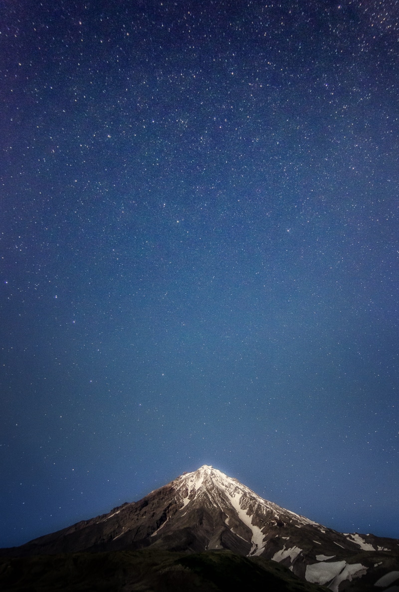 volcano, blue, galaxy, mountain, tranquility, covered, snow, snowcapped mountain, mountain peak, 5K, nightscape, nature, space and astronomy, star - space