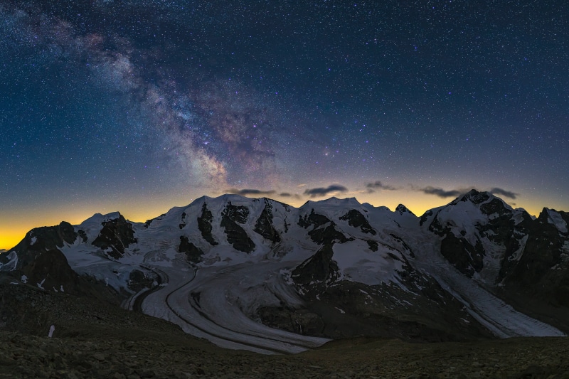Milky Way, blue, Munt Pers, smoky, landscape, Night, mountain, Astrophotography, Engadin, Dusk, Switzerland, snow, 5K, blue hour, rocks, Glacier, stars