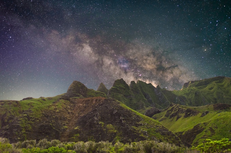 mountain, star - Space, Na Pali, Long Exposure, space, green, galaxy, sky full of stars, Kalalau  Beach, mountains, Kauai, constellation, NIght, 1080P
