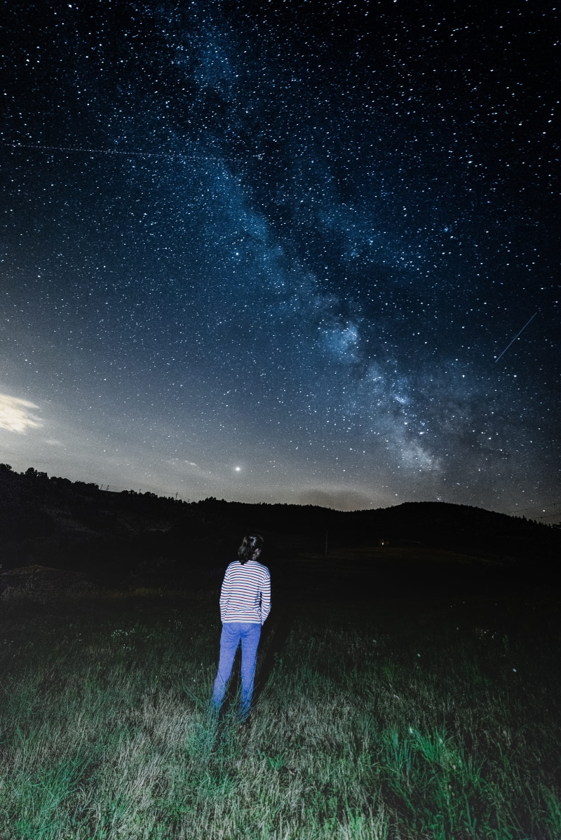 hiking, adventure, milky, astro, explore, nature, science, galaxy, standing, lady, watching, space, astrophoto, people, dark, sky, star, night, person