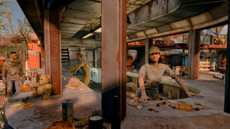looking at camera, 1080P, day, Xbox One, young adult, art and craft, Fallout 4, diner, lifestyles, women, casual clothing, one person, full length, architecture