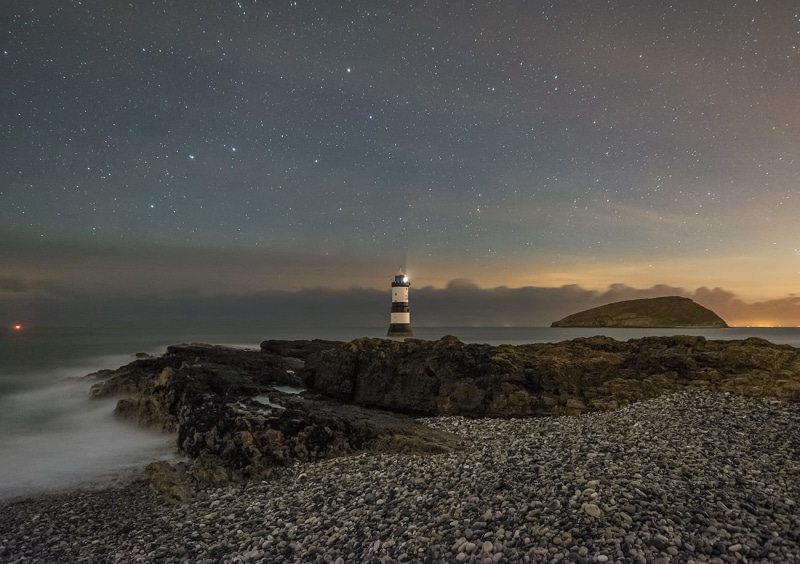 sea, sunset, lighthouse, 720P, at night, Sony A7S, surf, coast, body of water, beach, pebbles, waves, ursa major, landscape, body, near, puffin island
