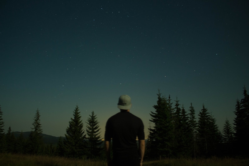 man, men, lifestyles, one person, landscape, scenics - nature, night, dark, nature, scenic, sky, stars, astronomy, star - space, gaze, land, rear view