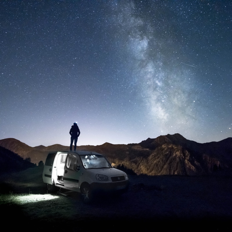 person, star gazing, fiat, night, nature, milky way, silhouette, minivan, roadtrip, looking, tree, mode of transportation, milkyway, 4K, mountain, travel