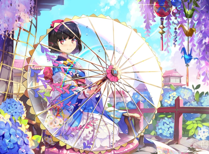 umbrella, anime girls, traditional clothing, traditional, japanese clothes, short, hair, kimono, clothes, japanese, anime, clothing, 2K, flowers, short hair