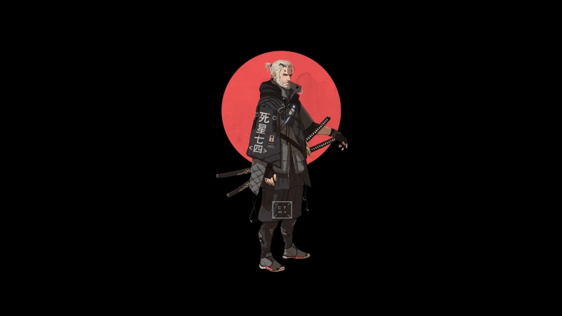black background, The Witcher, aestethic, katana, Japanese characters, 4K, Geralt of Rivia, minimalism