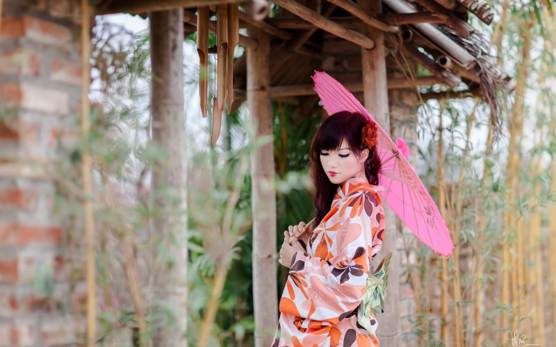 pink, 1080P, Beautiful, Paper, bamboo, Girl, Kimono, Umbrellas, umbrella, Japanese