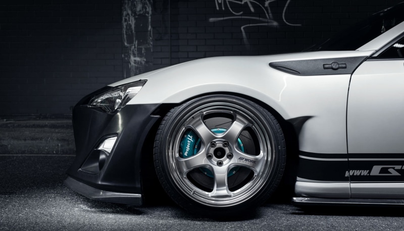motor vehicle, modern, silver colored, wealth, Stance, Rocket Bunny, transportation, Work Wheels, no people, Toyota GT86, metal, white, stationary, sports car