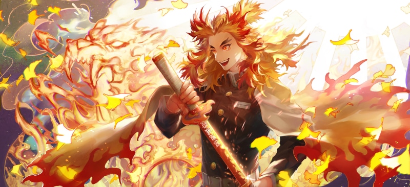 anime boys, fire, 4K, Kimetsu no Yaiba, rengoku kyoujurou, anime, katana