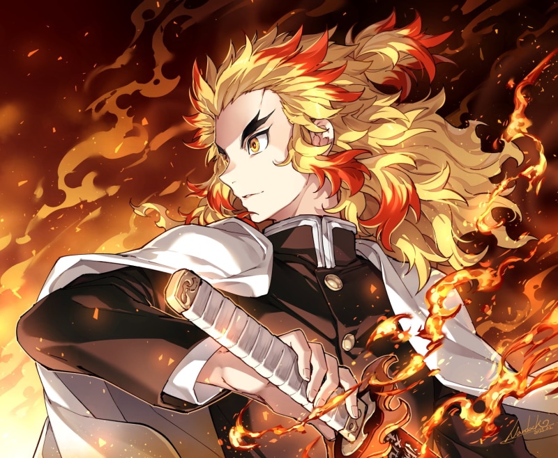 katana, anime, Kimetsu no Yaiba, fire, long hair, 720P, anime boys, yellow hair, yellow eyes, rengoku kyoujurou, Nardack, cape