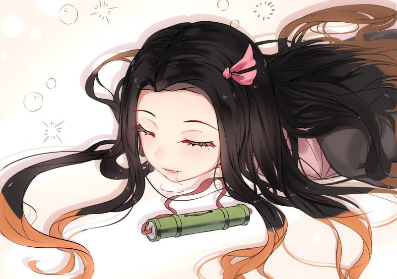black hair, Kimetsu no Yaiba, Japanese clothes, 1080P, Kamado Nezuko, long hair, Fang