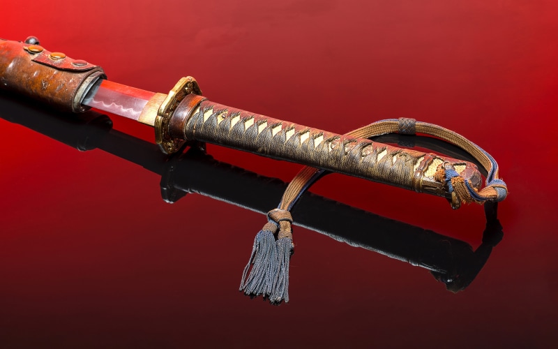 metal, Japanese, weapon, red, security, old, two objects, katana, 4K, no people, antique, sword, single object, the past, gun, rusty, protection, close-up