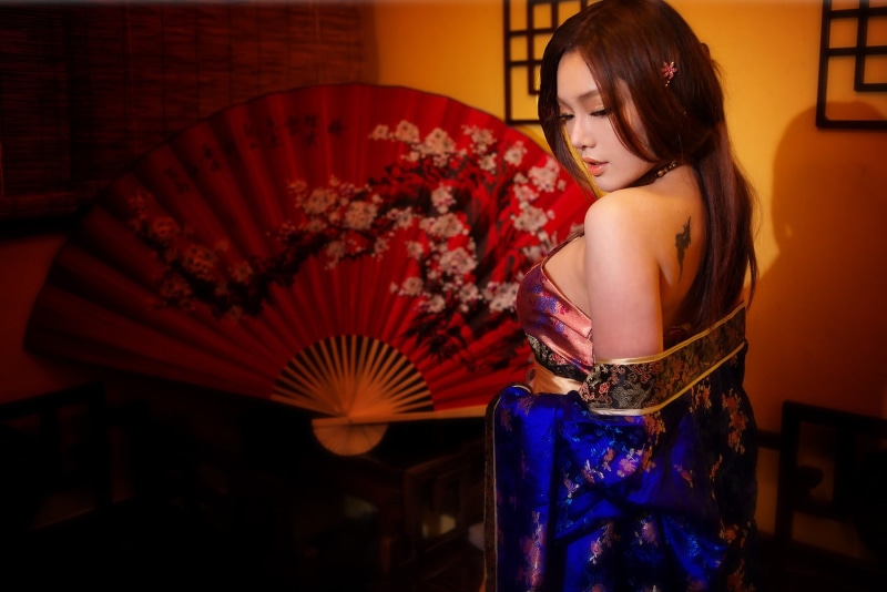 standing, clothing, floral, contemplation, hairstyle, women, 720P, lifestyles, kimono, beautiful woman, blue, dress, beauty, one person, adult, Asian