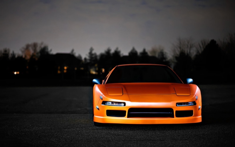 Honda NSX, motion, outdoors, orange color, road, motor vehicle, coupe, tree, tail light, transportation, street, sports, Honda, JDM, focus on foreground