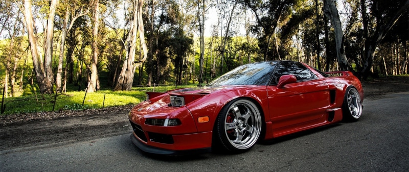 land vehicle, nature, red, Honda NSX, vintage car, plant, day, no people, trunk, growth, transportation, retro styled, ultra-wide, land, tree, 2K, forest