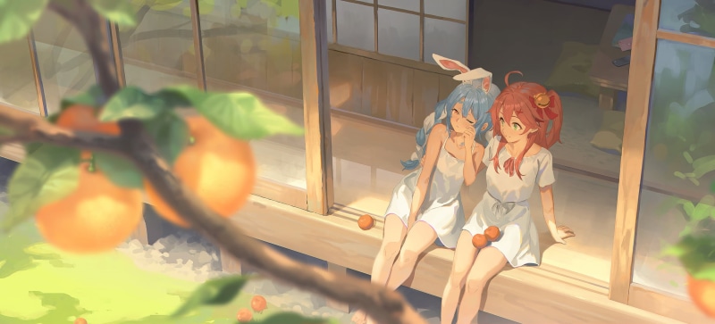 Hololive, sitting, dress, anime, orange (fruit), Usada Pekora, anime girls, 1080P, Sakura Miko