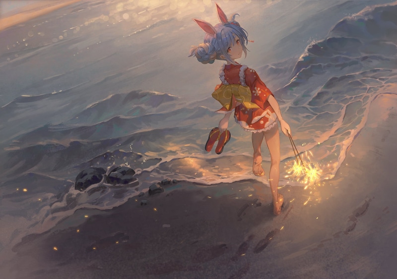 anime, Hololive, 1080P, barefoot, Usada Pekora, water, beach, anime girls