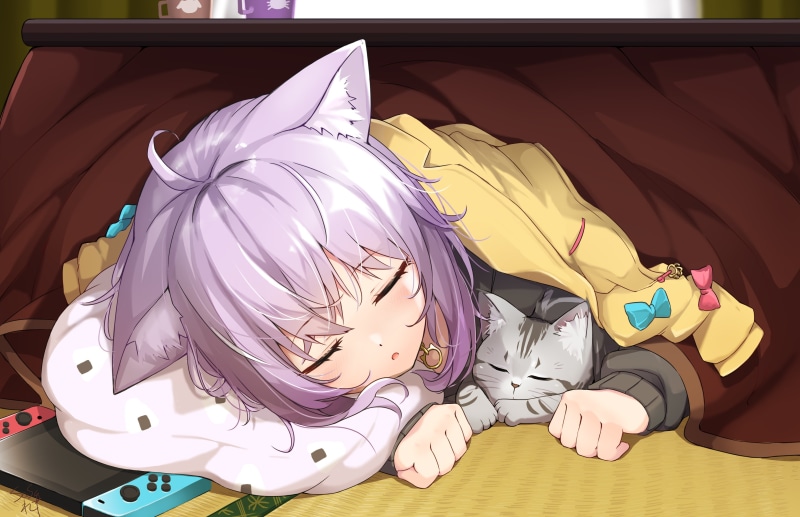 Virtual Youtuber, Nekomata Okayu, Hololive, animal ears, anime girls, Nintendo Switch, 2K, cats, sleeping, closed eyes