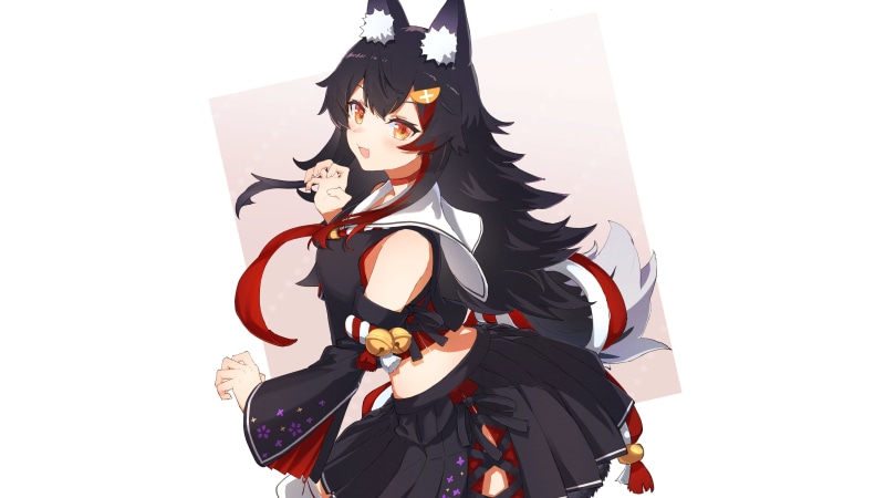 wolf girls, Hololive, Ookami Mio, white background, Virtual Youtuber, Okamimimi, black hair, anime girls, 4K, detached sleeves, anime