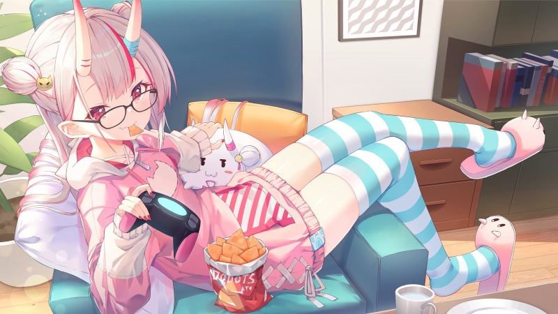 Nakiri Ayame, horns, 1080P, anime, anime girls, controllers, Hololive, striped stockings, Virtual Youtuber, stockings, glasses