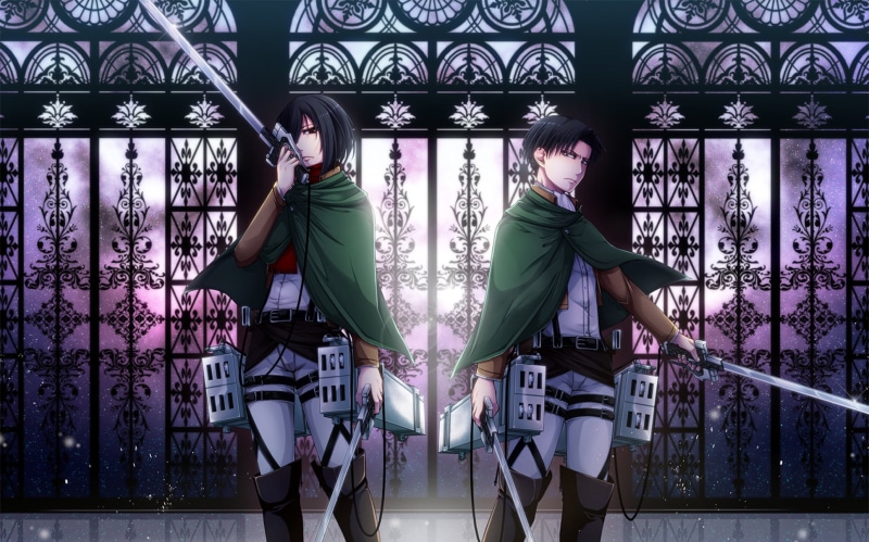 people, adult, young women, rivaille, backgrounds, females, digital, titan, 1080P, attack, railing, pattern, two people, three quarter length, shingeki no kyojin