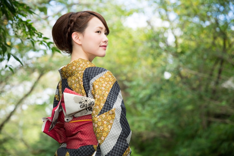 beautiful background, smile, women, beautiful girl, red, Japanese, 5K, style, elegant Asian, bokeh, outfit dress kimono, Asami, yellow, kimono