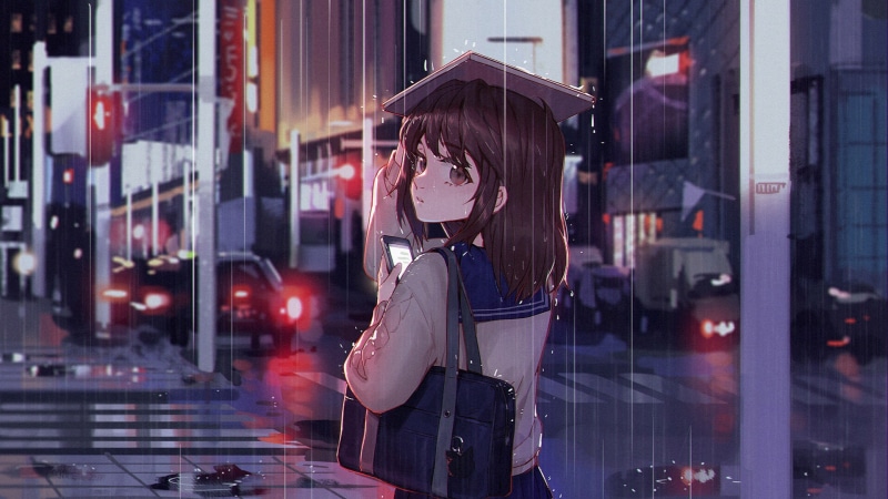 city, anime girls, brunette, rain, anime, urban, 1080P